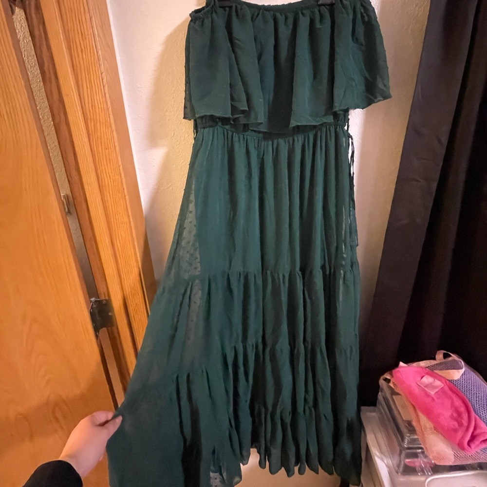 Off the shoulder emerald green maxi dress